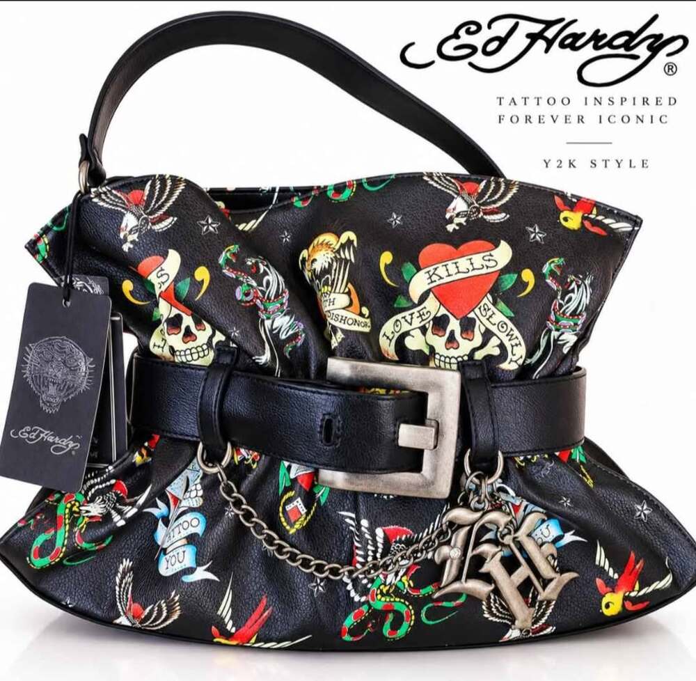 NWT Ed Hardy Love Kills Slowly Y2K Tattoo Print Shoulder Bag Black Chain